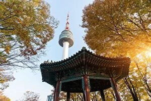 Images Dated 5th November 2017: Seoul Tower with yellow and red autumn maple leaves at Namsan mountain in South Korea