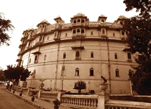 Udaipur Prints: Sepia tone of the impressive old palace in Udaipur of Rajasthan, India