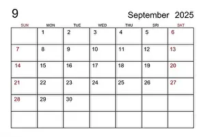 Monthly Prints: September 2025 calendar template on white paper background