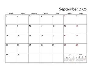 Monday Prints: September 2025 simple calendar planner, week starts from Monday. Vector calendar planner