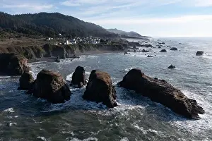The serene Pacific Ocean washes onto the rugged coastline of Northern California at Westport. The Pacific Coast Highway runs along this scenic region