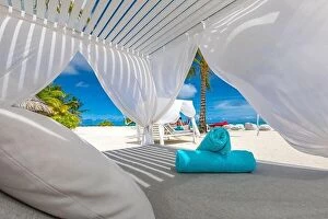 Images Dated 26th May 2019: Serenity beach background, luxury beach canopy and travel or summer vacation concept