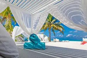 Well Being Prints: Serenity beach background, luxury beach canopy and travel or summer vacation concept