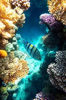 Red Sea Prints: Sergeant Major Fish school (Abudefduf saxatilis or pintano) on a coral reef in the Red Sea