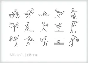 Set of 15 athlete line icons showing stick figures playing various sports with sporting equipment