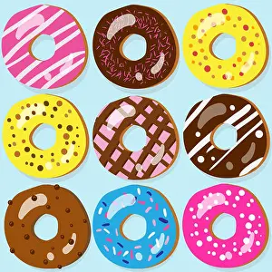 Glazed Prints: Set of 9 assorted doughnut icons with different toppings