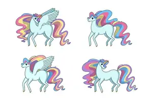Set of alicorn, unicorn, pegasus and horse with waving rainbow mane and tail. Vector illustration in cartoon style