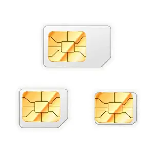 Microchip Prints: Set of blank standard, micro and nano sim card for phone with golden glossy chip isolated on white