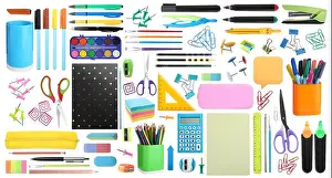 Brushes Prints: Set of bright school stationery on white background. Banner design