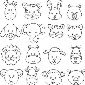 Animal Face Prints: Set of cartoon animal face vector illustration, black line drawing on white abckground