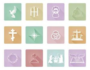 Alpha Prints: A set of Christian icons and symbols like the dove, cross and symbols for the trinity