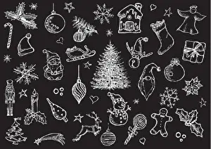 Set of Christmas icons on black background freehand drawn