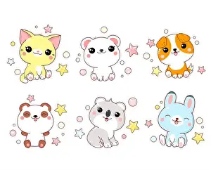 Koala Prints: Set of cute animals baby - polar bear, panda, dog, bunny, cat, koala in kawaii style. EPS8