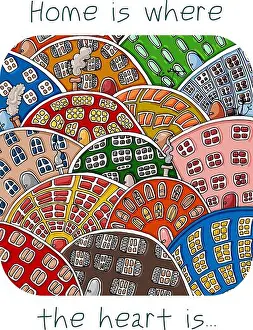 Old Roof Prints: Set of doodle cute houses. Cozy cartoon hand drawn buildings in bright colors
