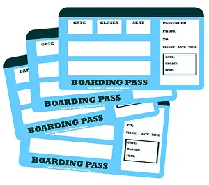 Tickets Prints: Set of four family flight tickets with copy space, isolated on white background