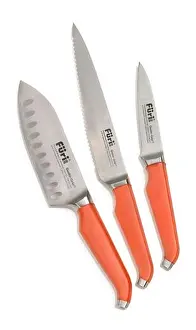 On White Prints: Set of three Furi stainless steel kitchen knives with orange handles photographed on a white background