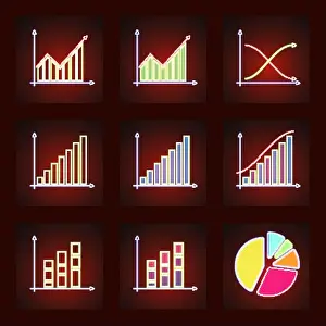 Infographics Prints: Set of nine graphs icon illustrations in glowing neon for business or statistics