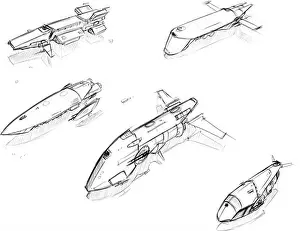 Quick Prints: Set of five hand drawn pencil concept art sketches of scifi sci-fi space ship designs