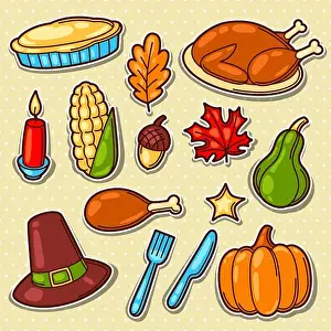 Acorn Prints: Set of Happy Thanksgiving Day holiday objects and icons