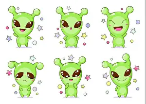 Miracle Prints: Set of kawaii aliens. Collection of little alien expressing different emotions