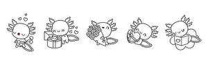 Salamander Prints: Set of Kawaii Axolotl Coloring Page
