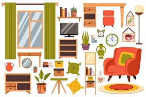 Bookshelf Prints: Set of living room furniture in a flat style