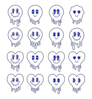 Valentines Day Prints: Set of melting hearts and melting emoji in cartoon style