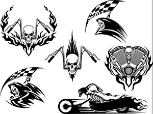 Devil Prints: Set of motor racing skulls in black and white designs with a grim reaper holding a checkered flag