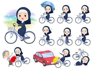 Sister Prints: A set of Nun women riding a city cycle