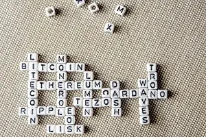 Portfolio Prints: set of popular crypto coins words forming thematical crossword made of white cubes with black capital letters