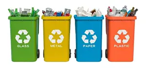Set of recycling trash cans with glass, paper, metallic and plastic waste, 3D rendering isolated on white background