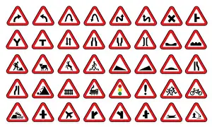 Roadsign Prints: Set of road safety signs. Warning road transport symbol vector collection