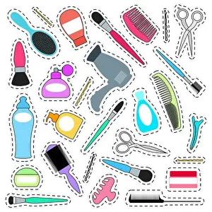 Perfume Prints: Set of stickers for the beauty salon. Icons for haircuts and styling. Vector illustration