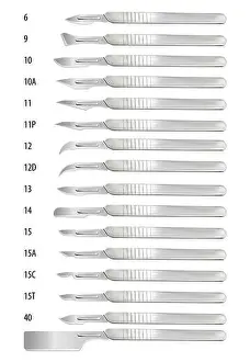 Set of surgical scalpels with detachable blades of different shapes. Set of blades for the handle number 3. The generally accepted numbering of