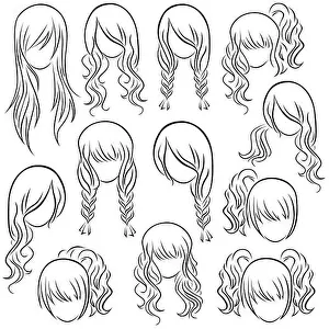 Teenage Girl Prints: Set of teenage girl hairstyles, hand drawing vector contour