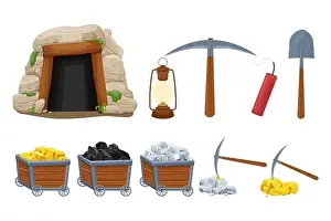 Set mine tools, equipment in cartoon style isolated on white background. Wooden cart with gold, silver, coal ore, tunnel entrance, retro lamp, pickaxe