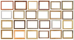set of vintage wide wooden picture frames with cut out canvas isolated on white background