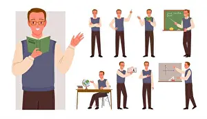 College Education Prints: Set of young male teacher man character in teaching poses