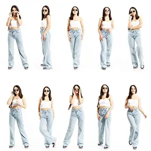 Sneakers Prints: Set of young trendy gen Z women with sunglasses at sunny summer sunlight in various poses