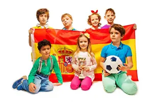 Spaniard Prints: Seven football fans with ball holding Spanish flag