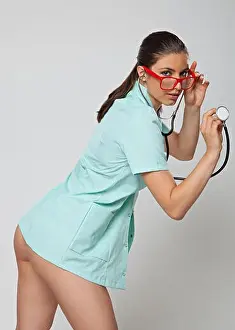 Seduction Prints: Sexy woman doctor with a stethoscope and red glasses on white background