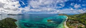 seychelles paradise beach aerial drone panorama landscape of praslin island anse volbert