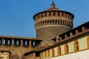 Italian Culture Prints: Sforza Castle medieval tower, 15th century Castello Sforzesco fortified round tower