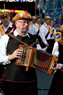 Side Prints: Shakespeare Morris musician at the Mop Fair official opening, Stratford-upon-Avon, UK