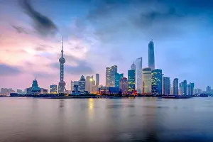 Huangpu Prints: Shanghai, China Pudong Financial District over the Huangpu river from the Bund at dawn