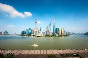 Images Dated 18th July 2016: Shanghai lujiazui finance and business district trade zone skyline with cruise ship, Shanghai China