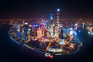 Lujiazui Prints: Shanghai Pudong aerial night view from above with city skyline and skyscrapers in China
