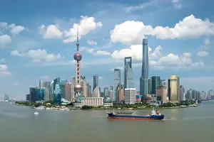 Shanghai skyline panoramic view along Huangpu river at Shanghai Lujiazui Pudong central business center in Shanghai, China