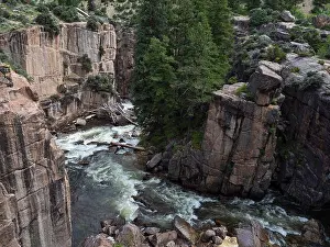Shell Falls on Shell Creek and wooded hillsides, Shell Canyon, Bighorn National Forest, Wyoming, USA, July 2019