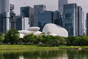 Public Park Prints: Shenzhen Bay Culture Square bayfront museum complex exterior view with landscaped park